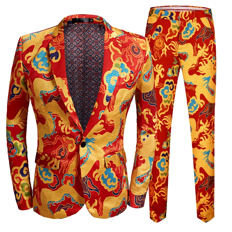 New Chinese Style Red Dragon Print Suit Men Stage Singer Wear 2 Pezzi Set Slim Fit Wedding Tuxedo Costume Ball Party