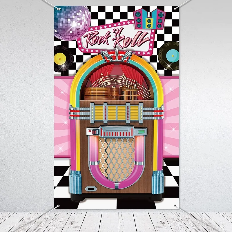 Fondale Fotografico Juke Box Cutout Rock 'N Roll Door Cover Per Tema Anni '50 Compleanno Mystery Party Background Banner