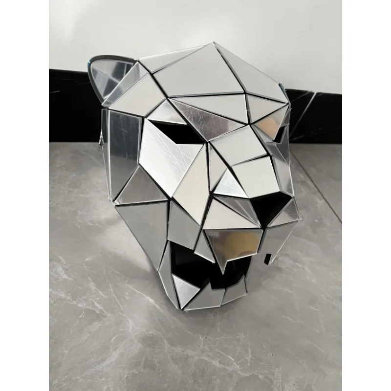 Silver Mirror 3D Horned Demon Mask Cosplay Leopard Tiger Helmet Rave Animal Copricapo Music Festival Dj Mask Club Dance Puntelli