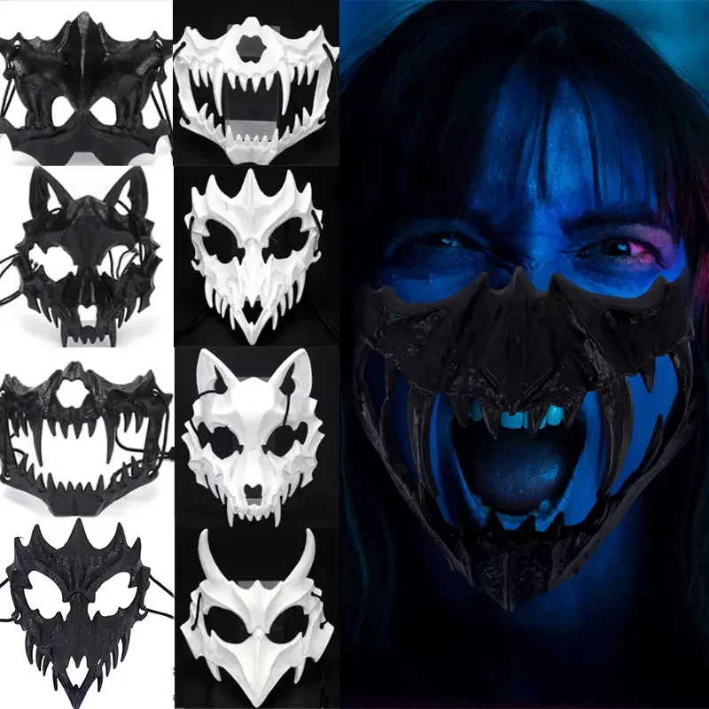 Animal Skeleton Half Mask Donna Uomo Party Stage Show Mask Halloween Carnival Adult Cosplay White Black Wolf Tiger Skeleton Mask