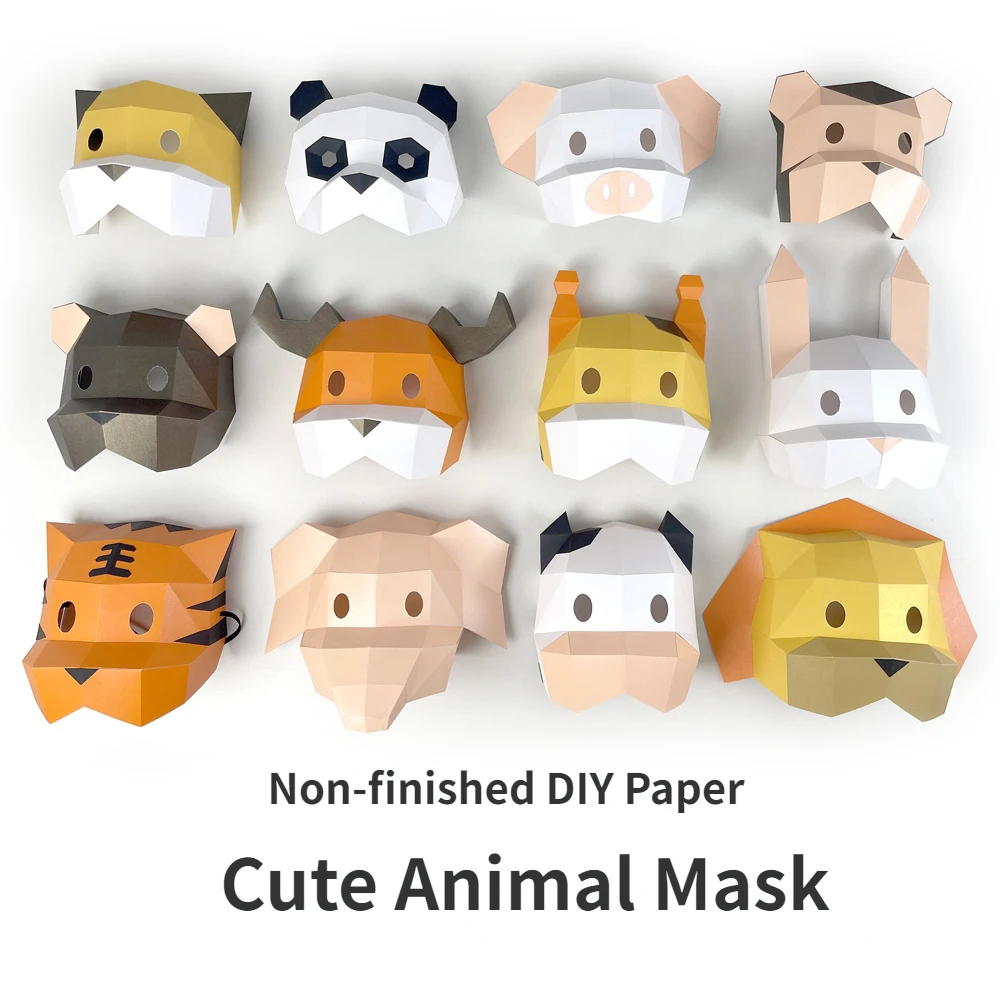 3D Paper Mold Animal Panda Cow Tiger Head Mask Copricapo Modello Halloween Cosplay Puntelli Adult Kids Party Dress Up Maschere Artigianali Fai Da Te