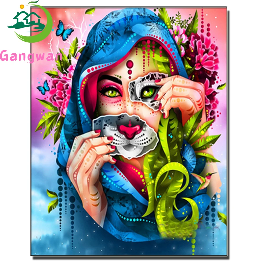 Full Square Diamond Painting Tiger Face Girl Strass Picture Home Decor Head Sciarpa, Mask Girl Handmade 5D Diamond Ricamo