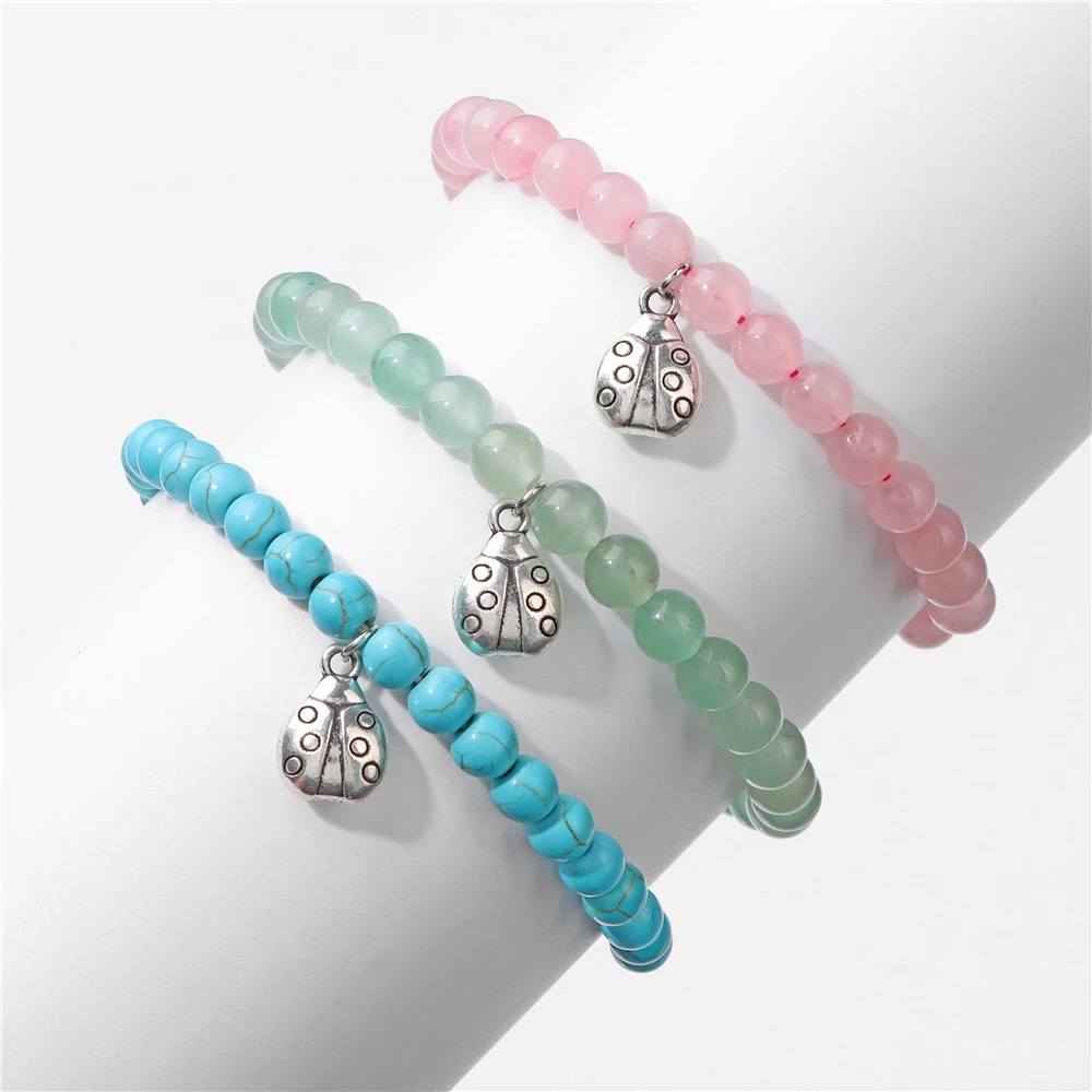Lady Bug Charm Bracciale 6Mm Natural Pink Quarzs Stone Beaded Bracciali Per Donna Uomo Lava Ladybird Ciondolo Bangle Gioielli Reiki