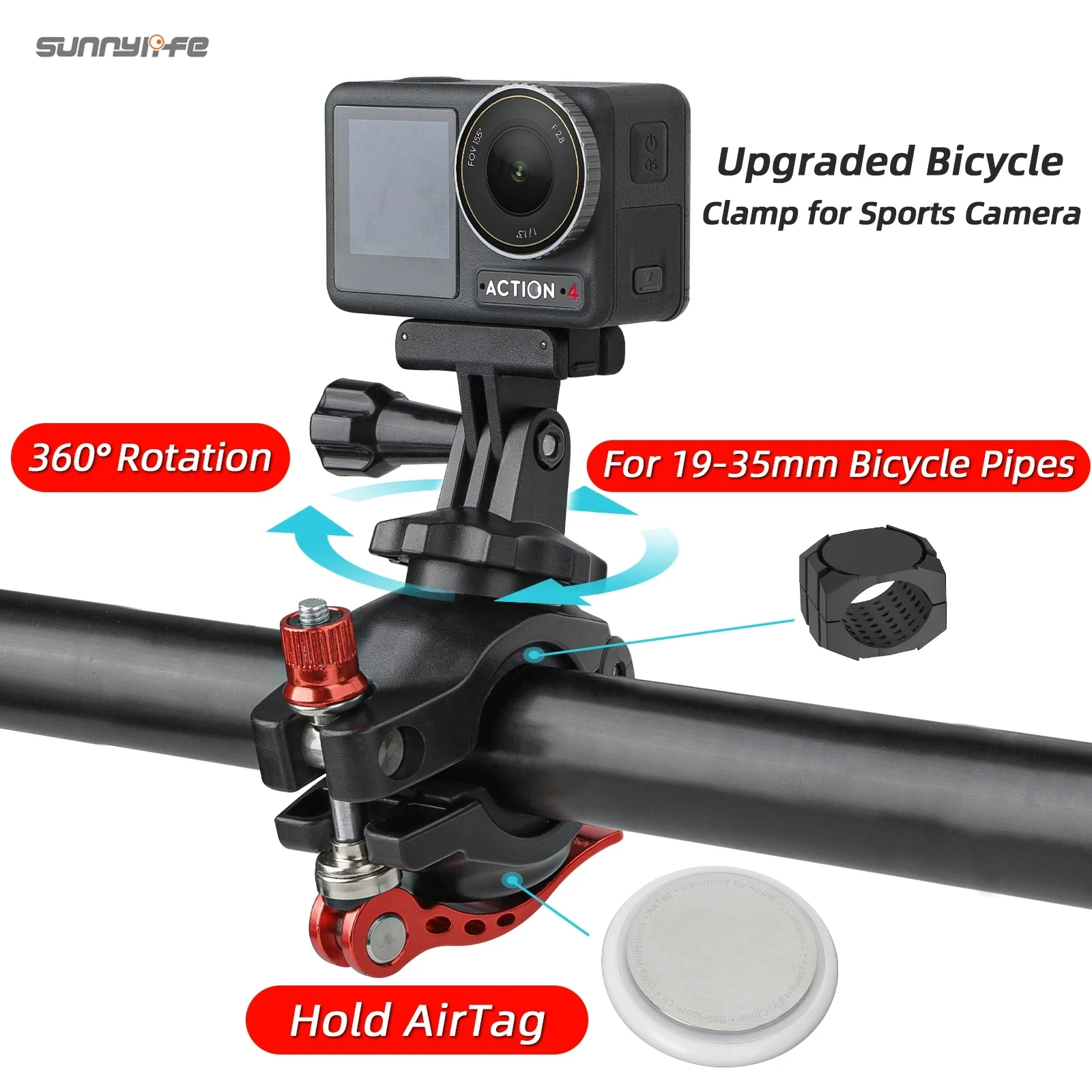 Morsetto Per Bicicletta Universale Per Fotocamera Sportiva 360 Rotazione 19-35Mm Clip Hold Airtag Per Pocket 3/Action 4/Insta360 Go 3/Gopro 12/Insta36