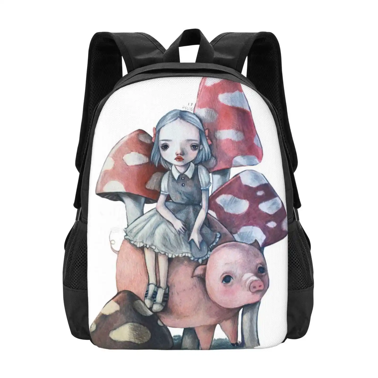 Una Ragazza E Il Suo Maiale Nuovi Arrivi Borse Unisex Borsa Per Studenti Zaino Maiale Pigss Funghi Pop Surreality Illustrazione Fantasy