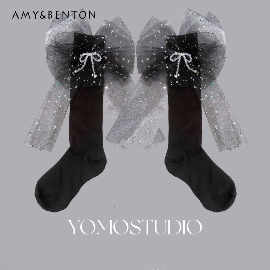 Sweet Girl Strass Bow Cute Socks Fashion Lace Paillettes Slim Printed Knee High Socks Donna Jk Calze Sexy Lolita Socks New