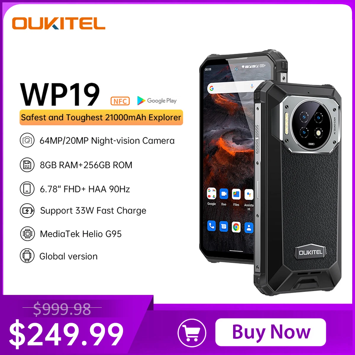 Oukitel Wp19 Rugged Phone Night Vision, 21000 Mah, Smartphone, 8Gb, 256Gb, 64M Fotocamera, Cellulare, 90 Hz Helio G95 Cellulare