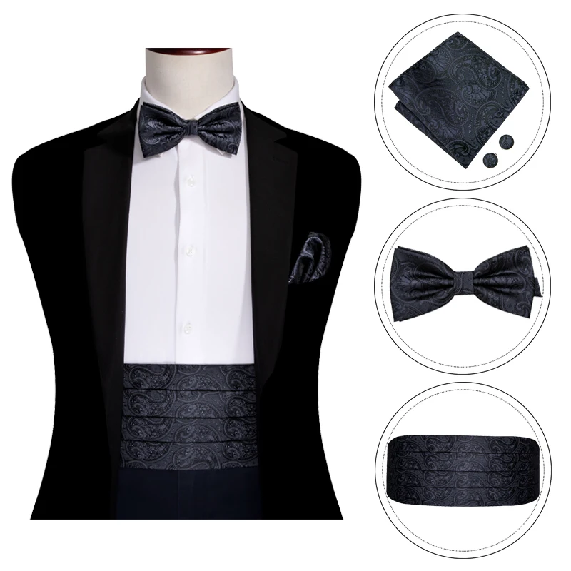 Seta Uomo Cummerbund Nero Paisley Papillon Di Seta Floreale Papillon Cket Gemelli Quadrati Set Cummerbund Per Uomo Smoking Suit Barry.Wang