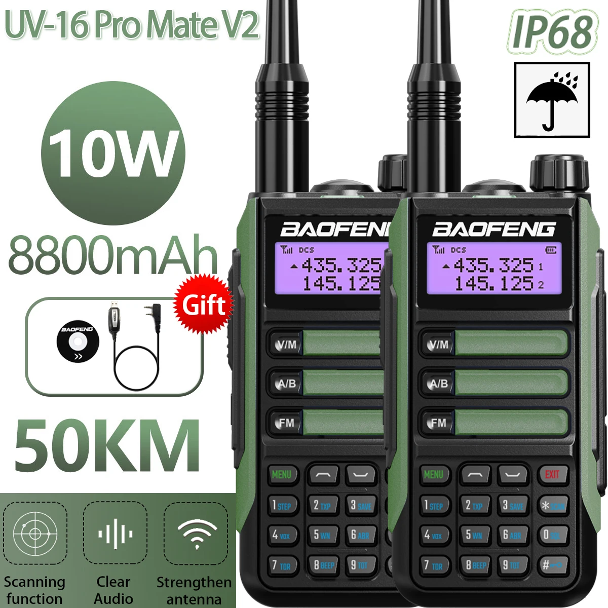 2Pack Baofeng Uv-16 Pro Mate V2 Walkie Talkie Professionale Uv16 50Km Radio Bidirezionale A Lungo Raggio Aggiornamento Uv5R Max V2 Uv9R Uv10R