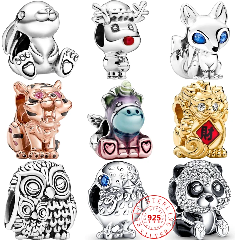 Nuovo 925 Sterling Silver Puppy Owl Renna Unicorn Panda Pixiu Tiger Animal Bead Fit Originale Pandora Charm Bracciale Gioielli Fai Da Te