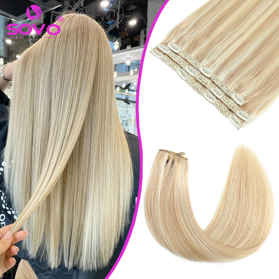 Sovo Clip In Hair Extension S Capelli Umani 3 Pezzi Bone Straight Clip Ins Hair Extension 60-90G Real Natural European Hair 12-26"