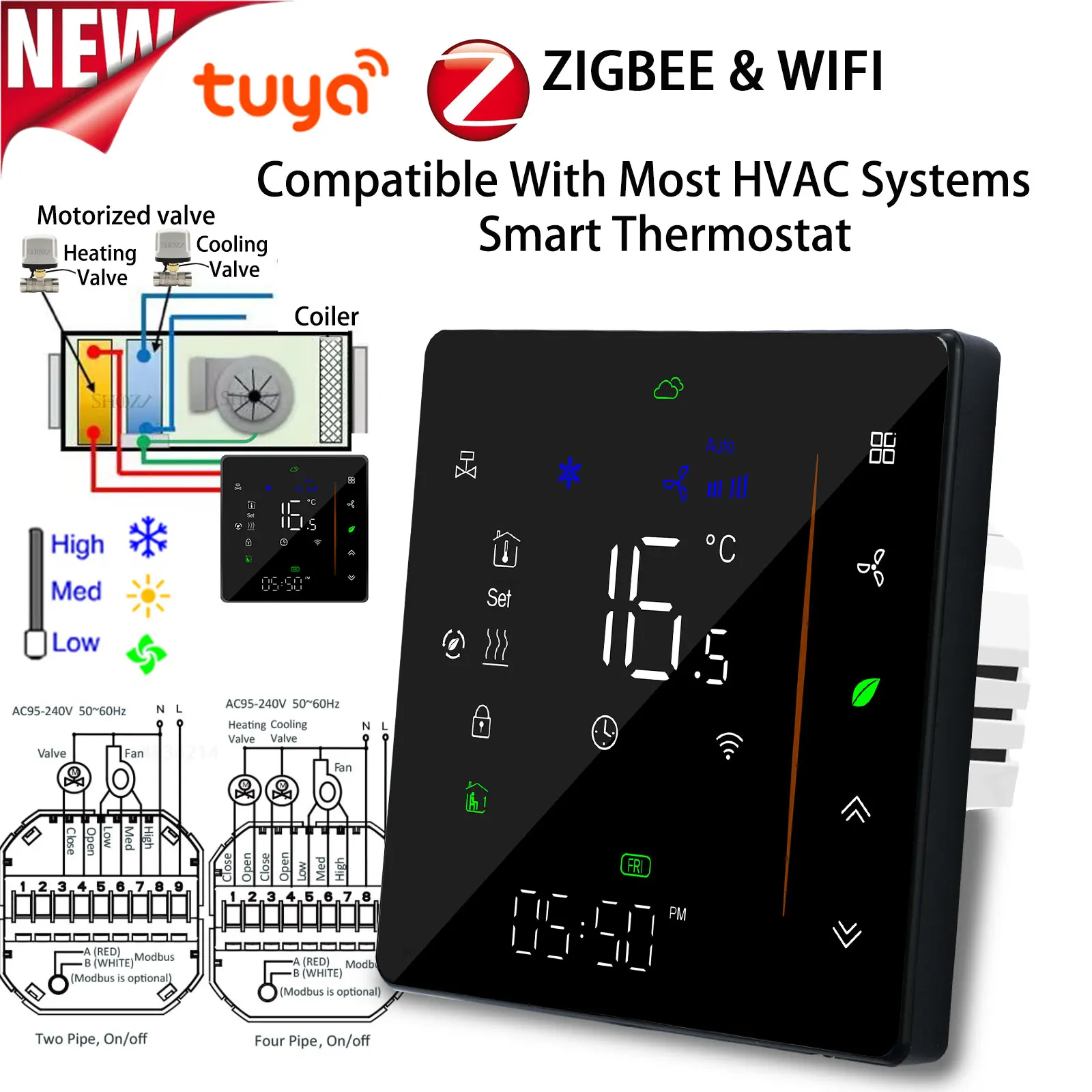 Tuya Zigbee Display Digitale Smart Temperature Controller Hvac Termostato 3 Velocità Riscaldamento Raffreddamento Per Controller Aria Condizionata