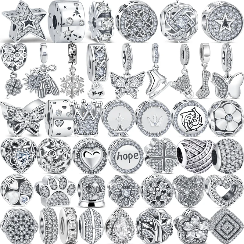 100% 925 Sterling Silver Crown Flowers Heart Pave Shiny Simple Silver Color Beads Fit Original Pandora Charms Bracciale Jewelry