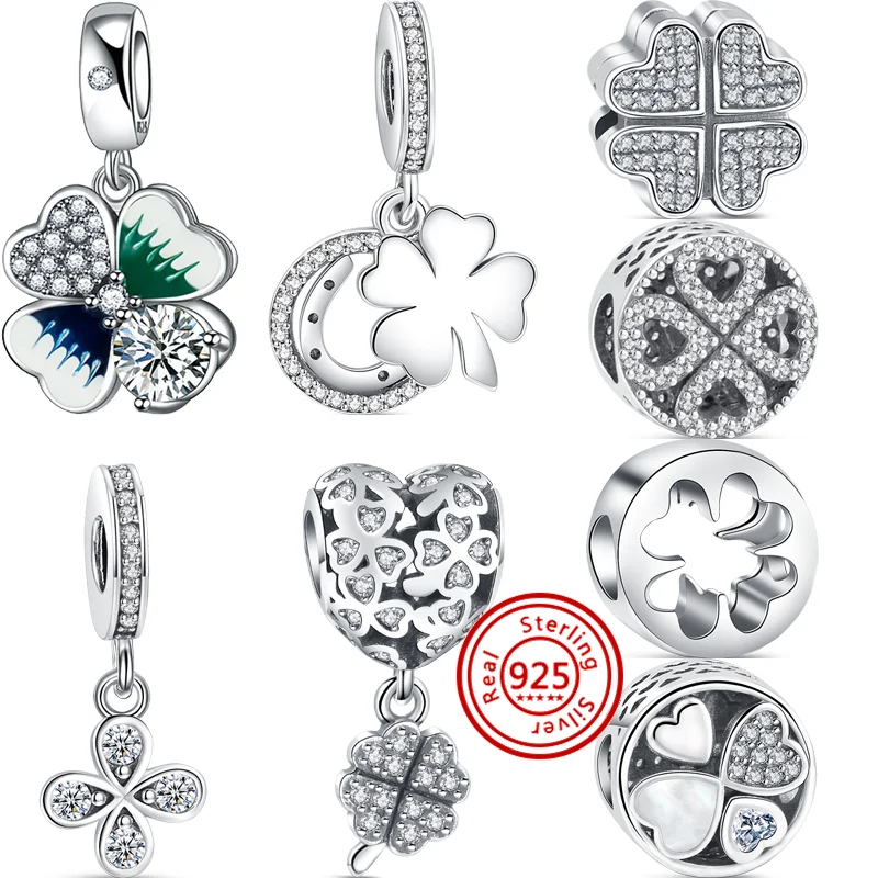 925 Sterling Silver Four Leaf Clover Series Zircone Lucido Ciondolo Fai Da Te Bead Fit Originale Pandora Charm Bracciale Donna Gioielleria Raffinata
