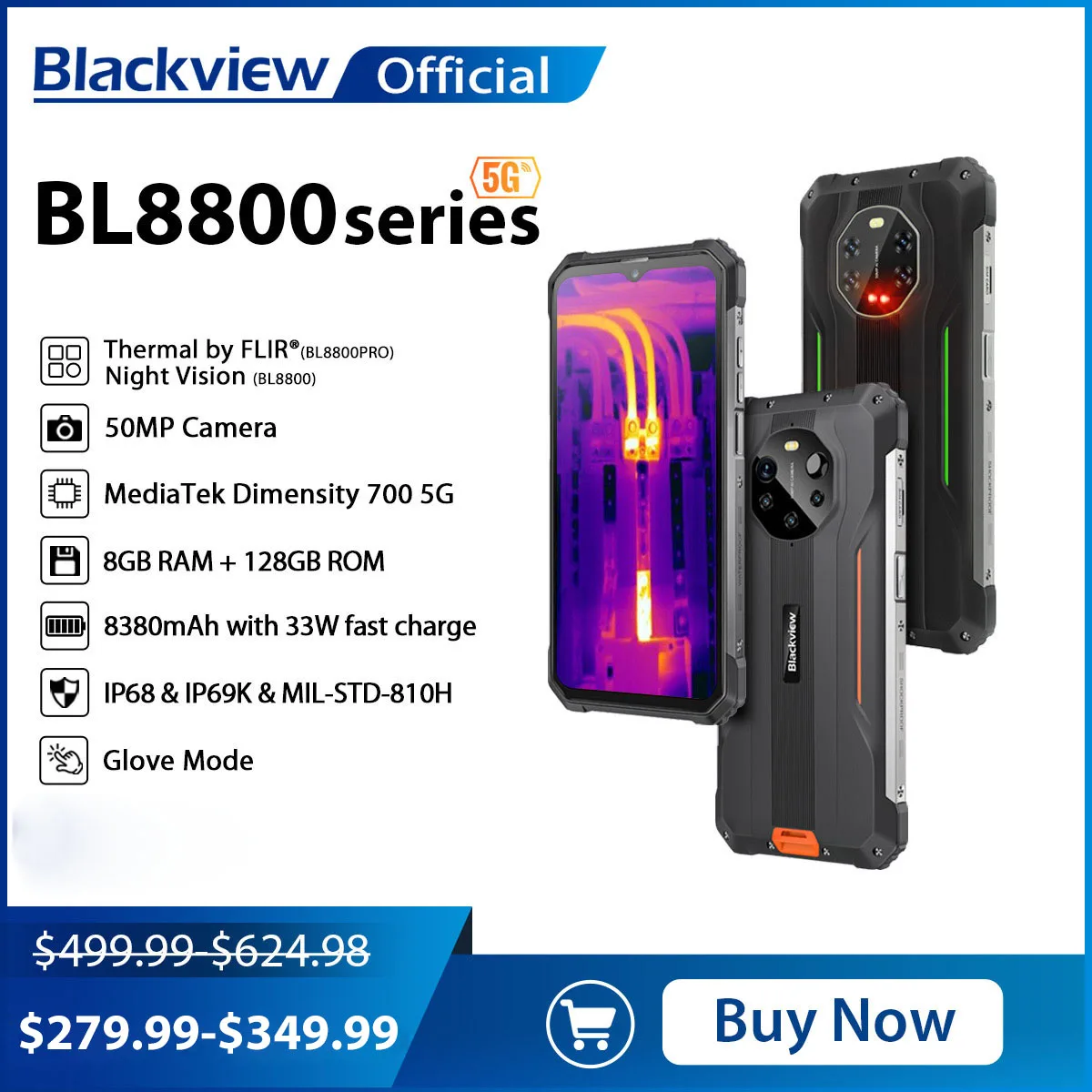 Blackview Bl8800 Night Vision & Bl8800 Pro 5G Rugged Machine, Thermal Imaging Camera Flir®, 6.58 "8Gb + 128Gb, 8380Mah Con 33W