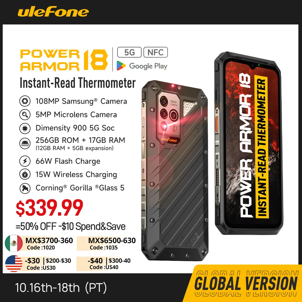 Ulefone Power Armor 18 5G Rugged Phone 17Gb Ram Moblie Phone 256Gb Rom 108Mp 66W 9600Mah Android 12 Moblie Phone Versione Globale