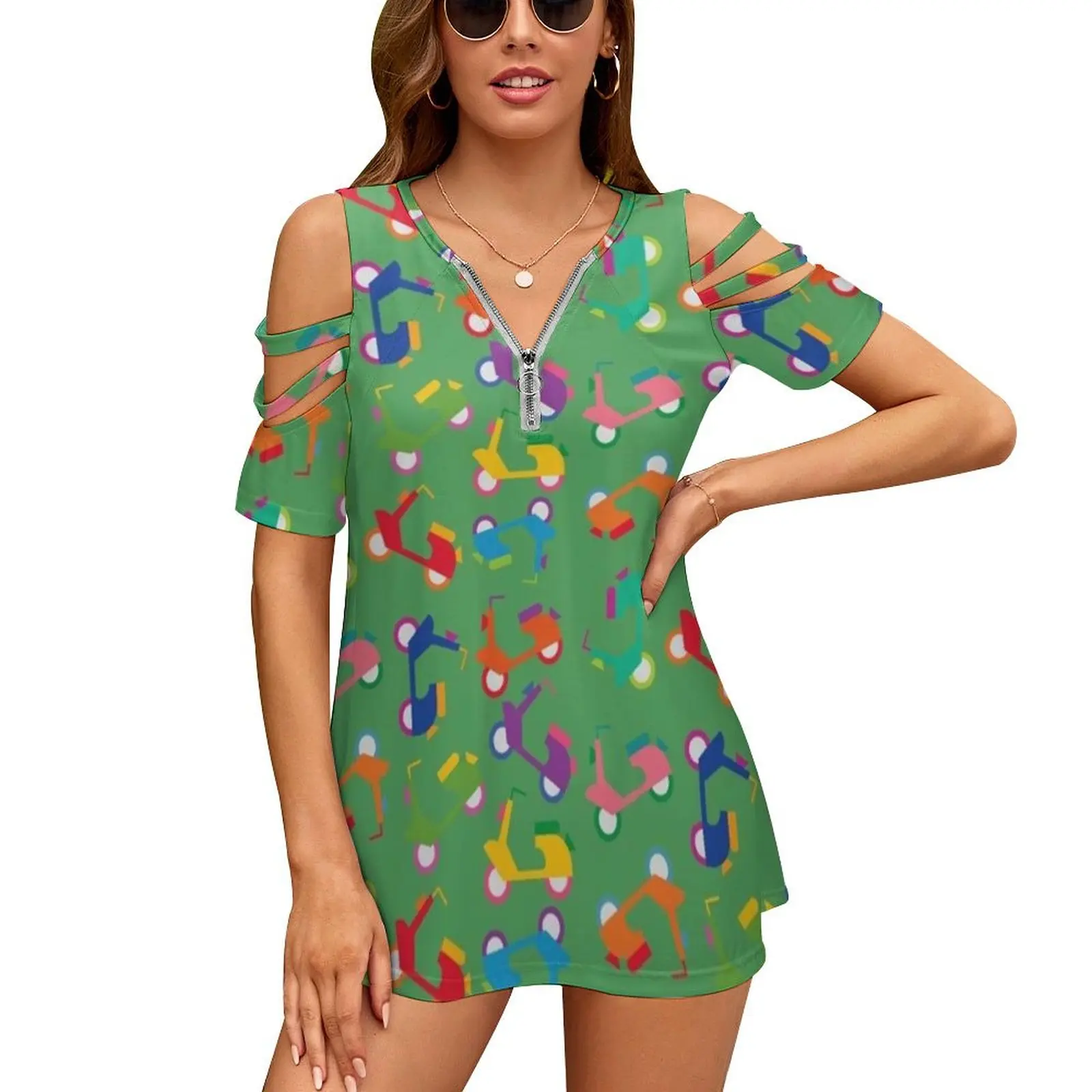 Beep Beep Scooters-Green New Fashion Zip Off Spalla Top Camicia Da Donna A Maniche Corte Scooter Retrò Scooter Rosso Estate