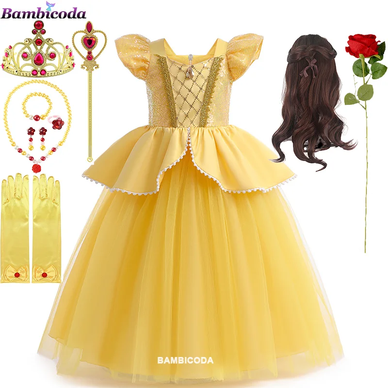 2023 Belle Princess Dress Girls Party Costume Bambino Halloween Beauty And The Beast Cospaly Fancy Dress Kids Prom Gowns Vestido