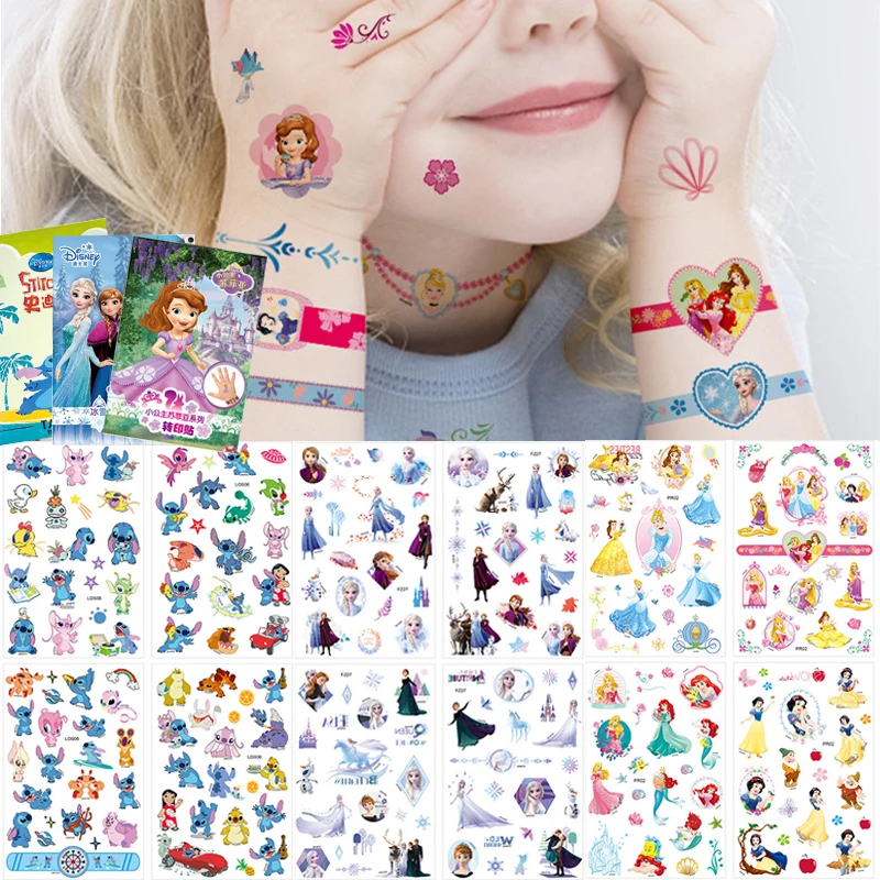 Disney Anime Stitch Tattoo Sticker Kawaii Frozen Princess Sofia Cartoon Stickers Cartoon Cenerentola Snow White Tattoo Sticker