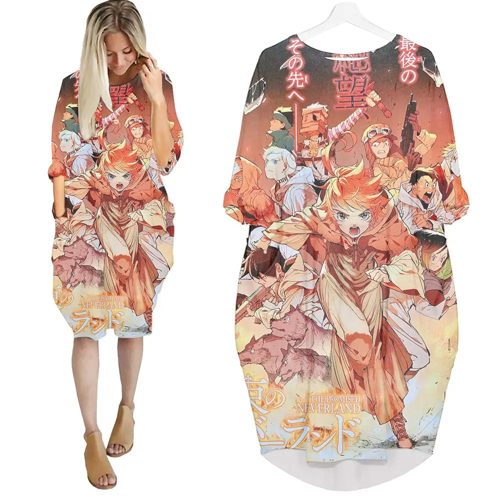 Jumeast Women 3D Batwing Pocket Dress Oversize Female Cartoon Anime The Promise Neverland Pullover Summer Skirt Camicia Da Notte