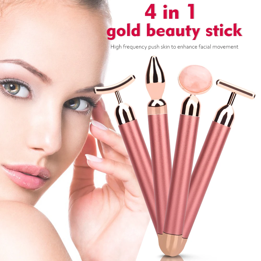 4 In 1 Rullo Vibrante Al Quarzo Rosa Rullo Per Il Viso Massaggiatore Per Gli Occhi Rullo Di Giada A Forma Di V Face Lifting Massaggiatore Dimagrante P