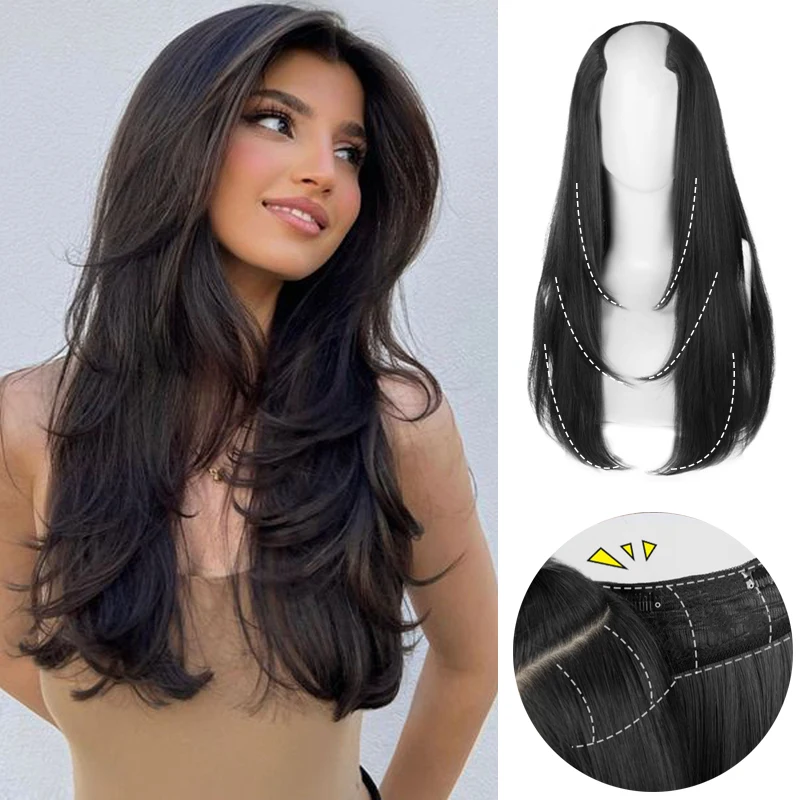 Weilai Women'S V-Shaped Long Hair Extension Parrucca Sintetica A Strati Hair Extension Hair Pad Fluffy Top Aumenta Il Volume Dei Capelli