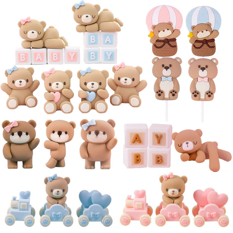 Bear Cake Toppers Pink Blue Bear Statue Doll Boy Girl Happy One 1St Birthday Cake Decoration Baby Shower Bear Theme Party Decors
