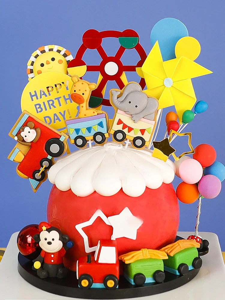 Circus Clown Cake Topper Elephant Lion 1St Birthday Boy Happy One Year Old Birthday Cake Decoration For Prince Kid Party Gifts