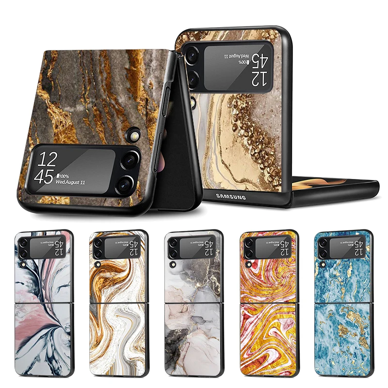 Fashion Gold Pink Geometric Marble Z Flip 4 Z Flip 4 Phnoe Case Per Samsung Z Flip 3 5 5G Black Hard Shell Galaxy Zflip3 Zflip4