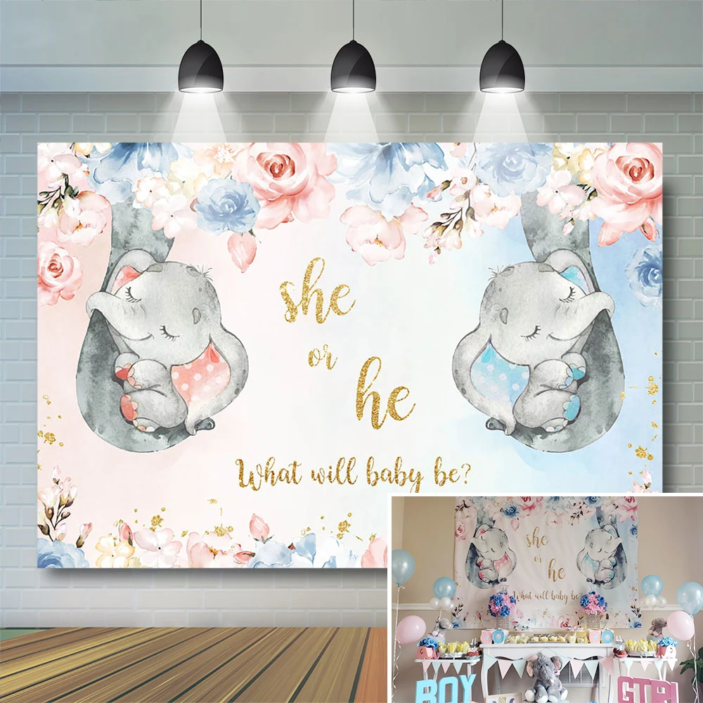 Mocsicka Cute Elephant Gender Reveal Background Boy Or Girl Elephant Gender Surprise Party Decor Baby Shower Floral Banner