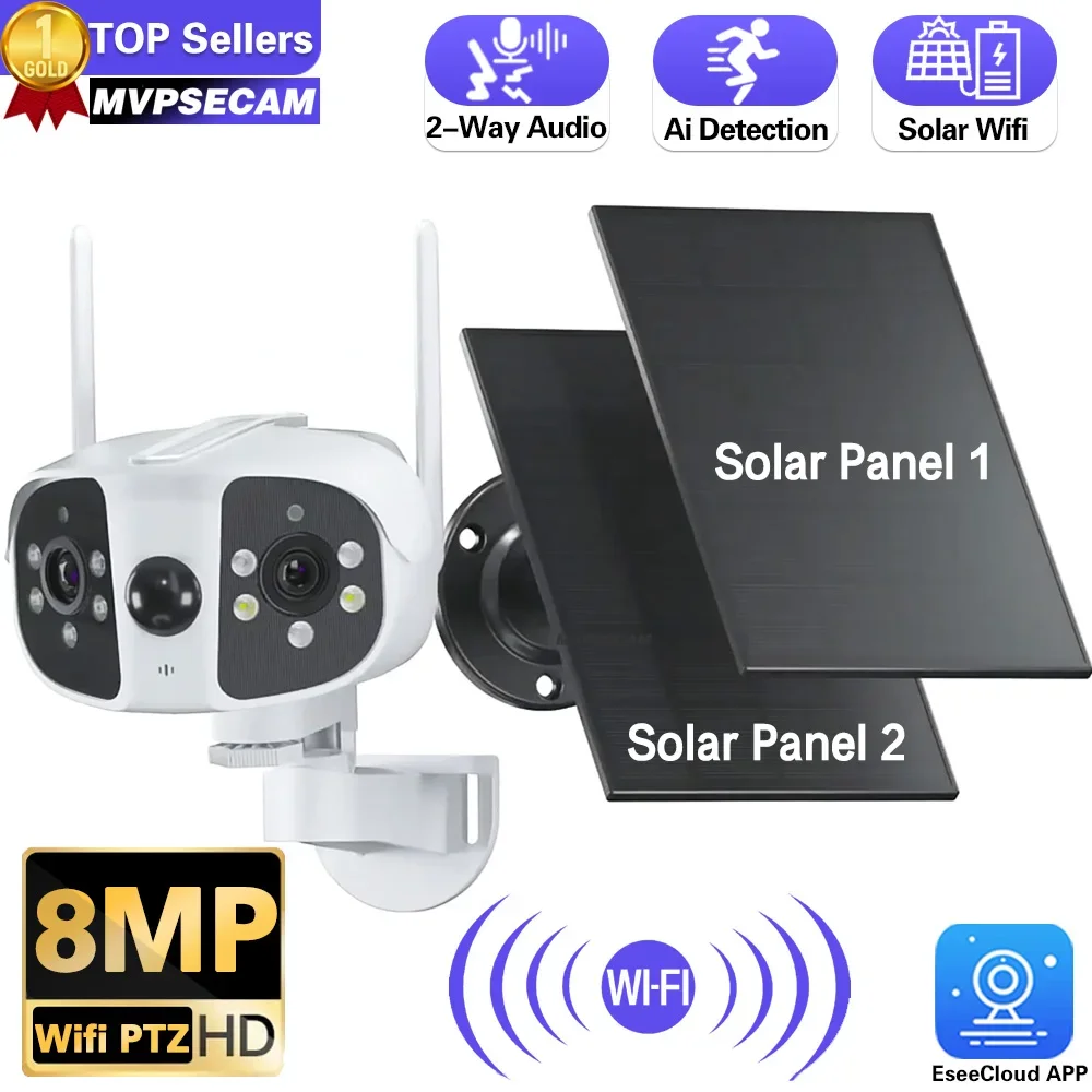 4K 180 ° Grandangolare Dual Lens Dual Solar Panels Camera 8Mp Wifi Wireless Security Outdoor Batteria Integrata Videocamera Di Sorveglianza