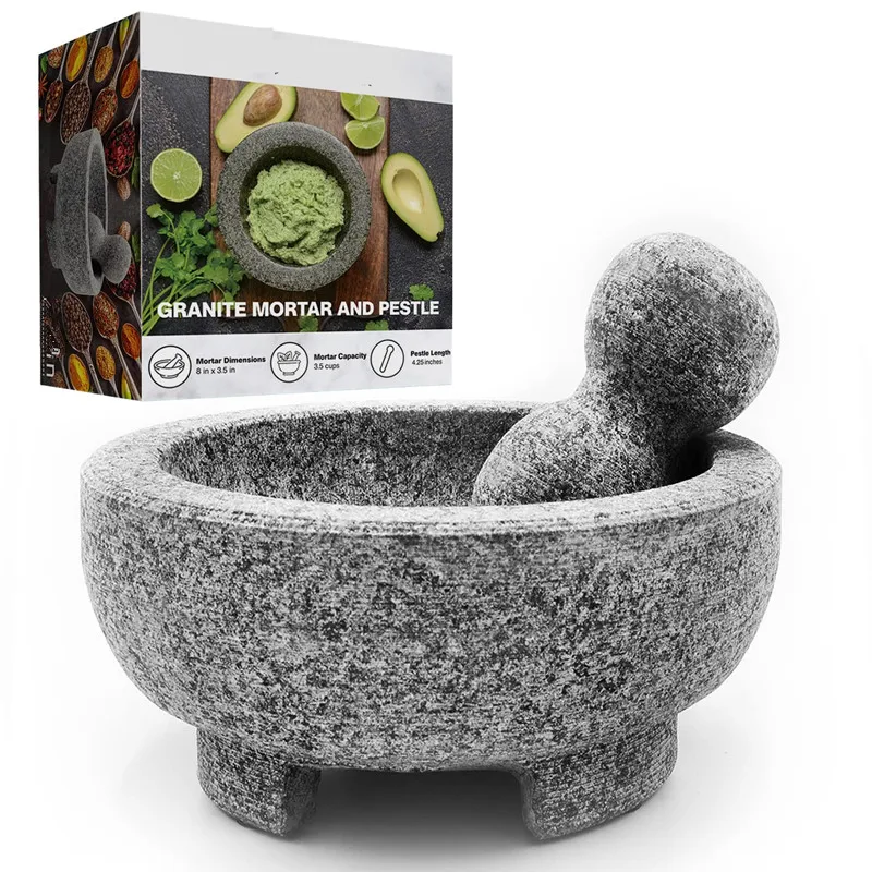 Set Di Mortaio E Pestello Di Granito Ciotola Di Guacamole Smerigliatrice Di Pietra Naturale Da 8 Pollici Per Spezie Condimenti Paste Pestos E Guacamol