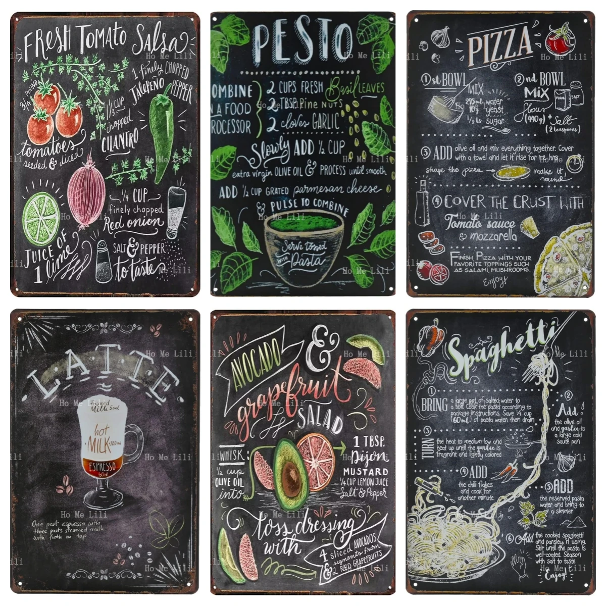 Fast Food Avocado Pompelmo Insalata Tin Sign Pesto Salsa Pizza Retro Metel Sign Wall Decor Per Cucina Bakery Cafe Restaurant