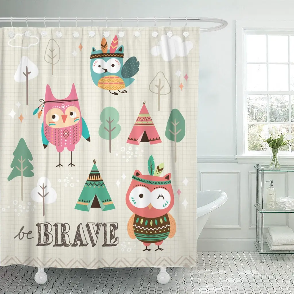 Pattern Be Brave Quote Cute Tribal Owls Woodland Jungle Shower Curtain Waterproof 72 X 72 Inches Set With Hooks