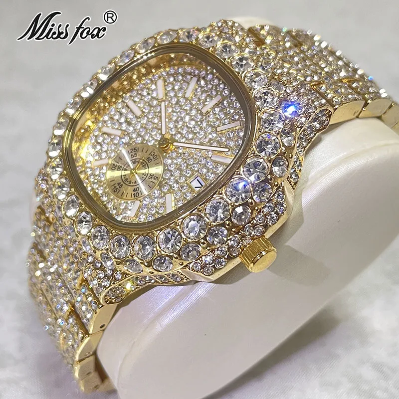Hip Hop Brand Missfox Fashion Iced Out Orologi Uomo Luxury Full Diamond 18K Gold Automatic Date Clock Orologio Impermeabile In Acciaio Maschile