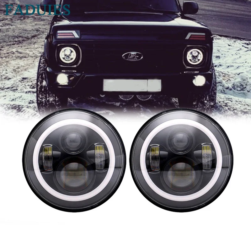 Faduies Fari A Led Da 7 Pollici Con Anello Halo Indicatore Di Direzione Ambra Per Fari Lada Niva 4X4 Suzuki Samurai 7 "Led Drl Halo