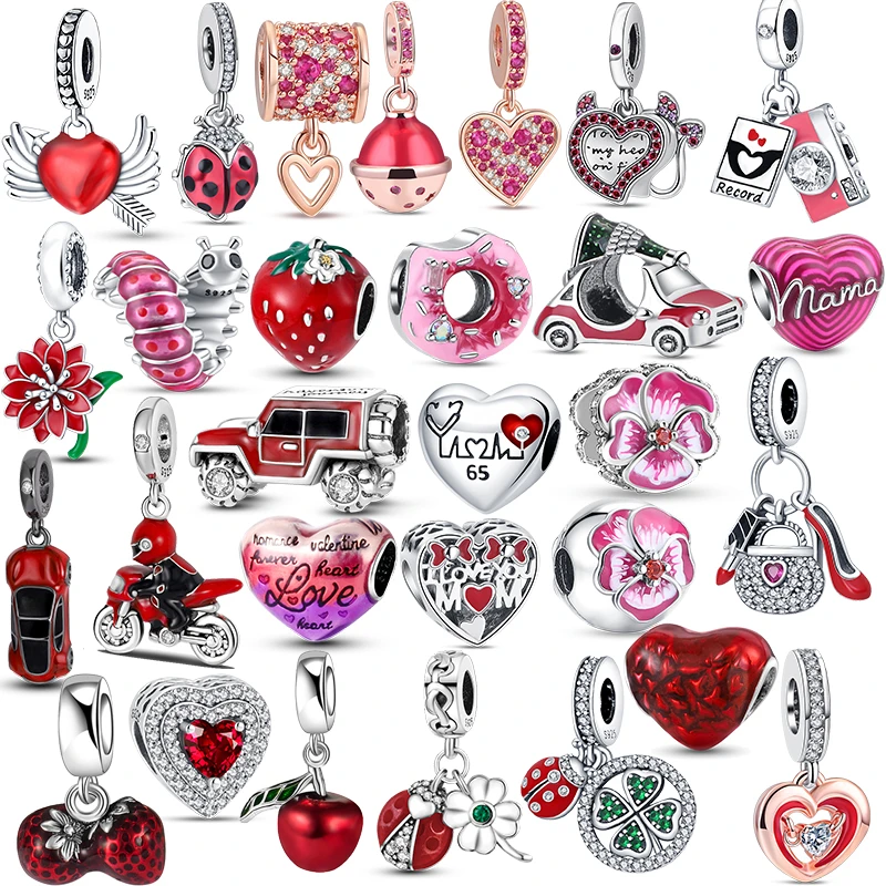 925 Silver Fit Original Pandora Red Ladybird Camera Caterpillar Car Strawberry Ciondola Charms Braccialetto Di Gioielli Da Donna Che Fa Regalo