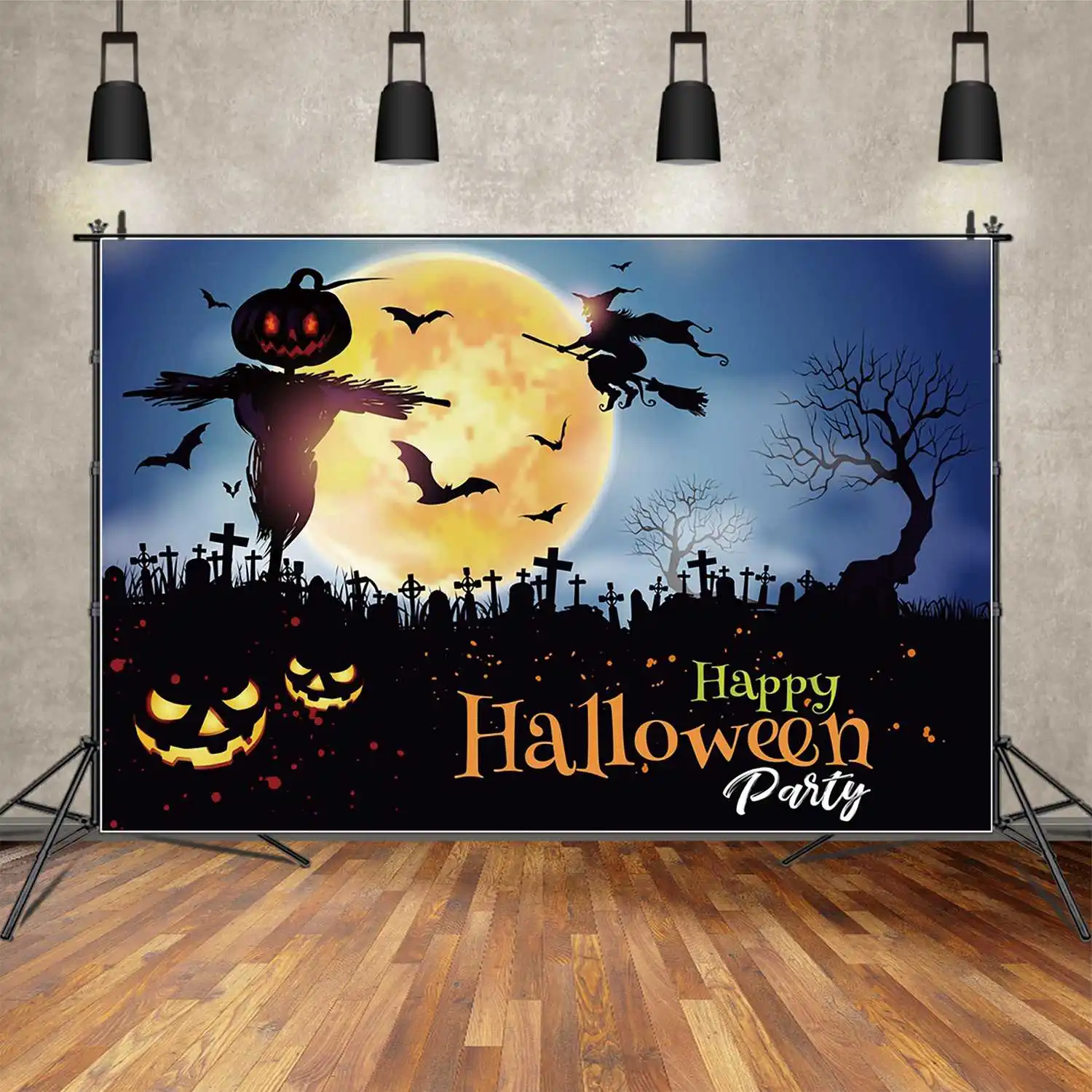 Moon.Qg Photo Background Happy Halloween Party Banner Sfondo Personalizzato Bambini Moon Light Pumpkin Spaventapasseri Besom Sprite Puntelli