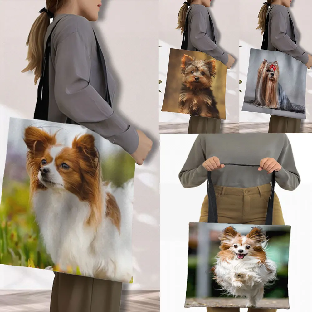Adorabile Papillon Dog Pattern Shopping Bag Kawaii Yorkshire Terrier Dog Women Handbag Puppy Tote Bag Borsa A Tracolla Shopper Bag