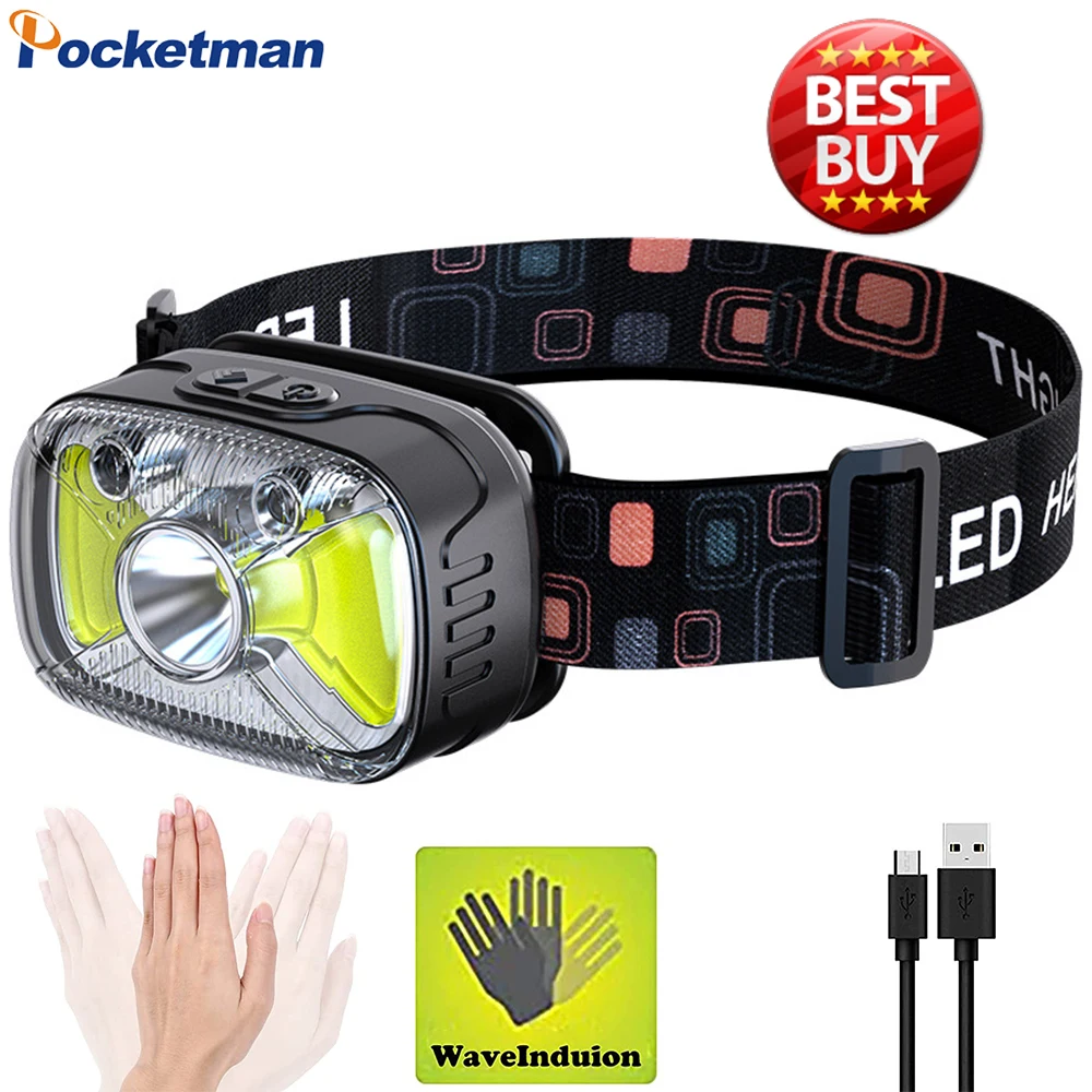 Ultra Bright Xpg + Cpb Led Headlight Ir Motion Sensor Faro Type-C Usb Charging Head Lamp Torcia Frontale Impermeabile Sos Light