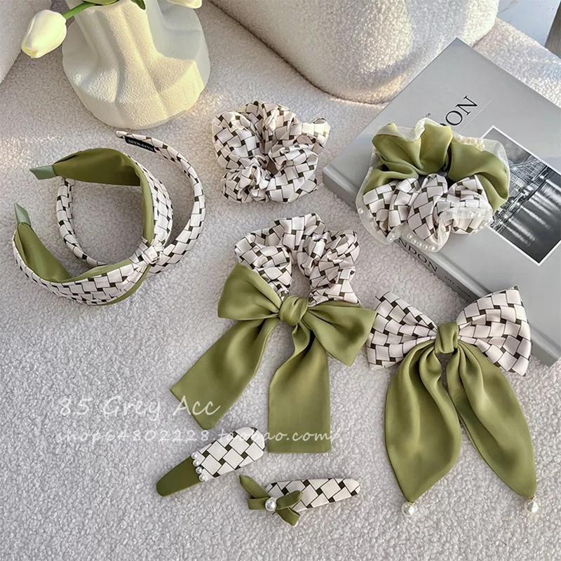 2023 Temperament Hair Ring Summer Matcha Green High Grade Bow Knot Hairpin Clip Rubber Band Headrope Hairpin Hairpin Set