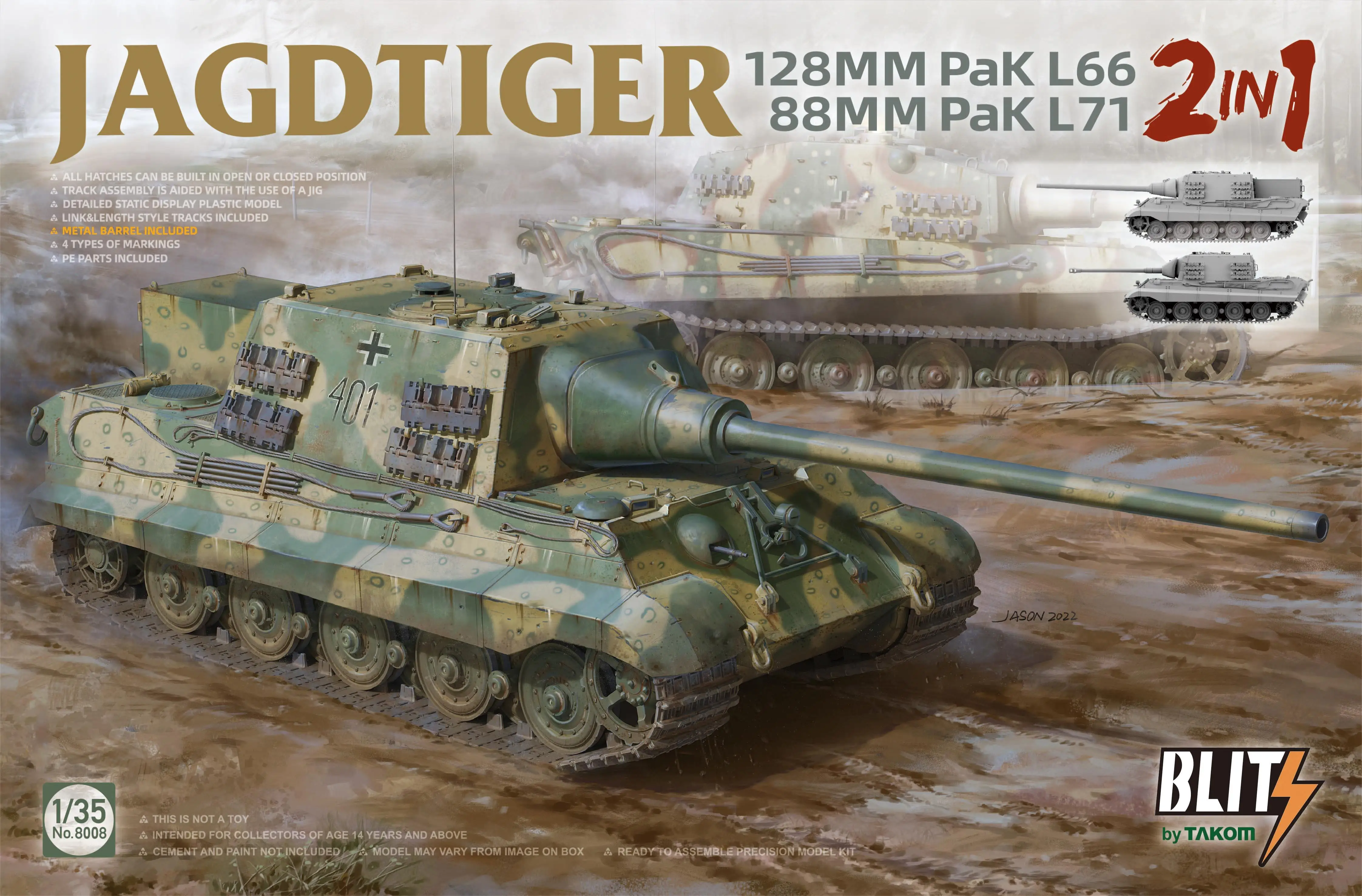 Takom 8008 1/35 Bilancia Jagdtiger 128 Millimetri Pak L66 E 88Mm Pak L71 (2 In 1) Kit Modello