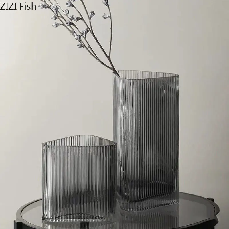 Transparent Vertical Grain Flower Pots Hydroponics Glass Vase Desk Decoration Flower Arrangement Modern Decor Floral Vases