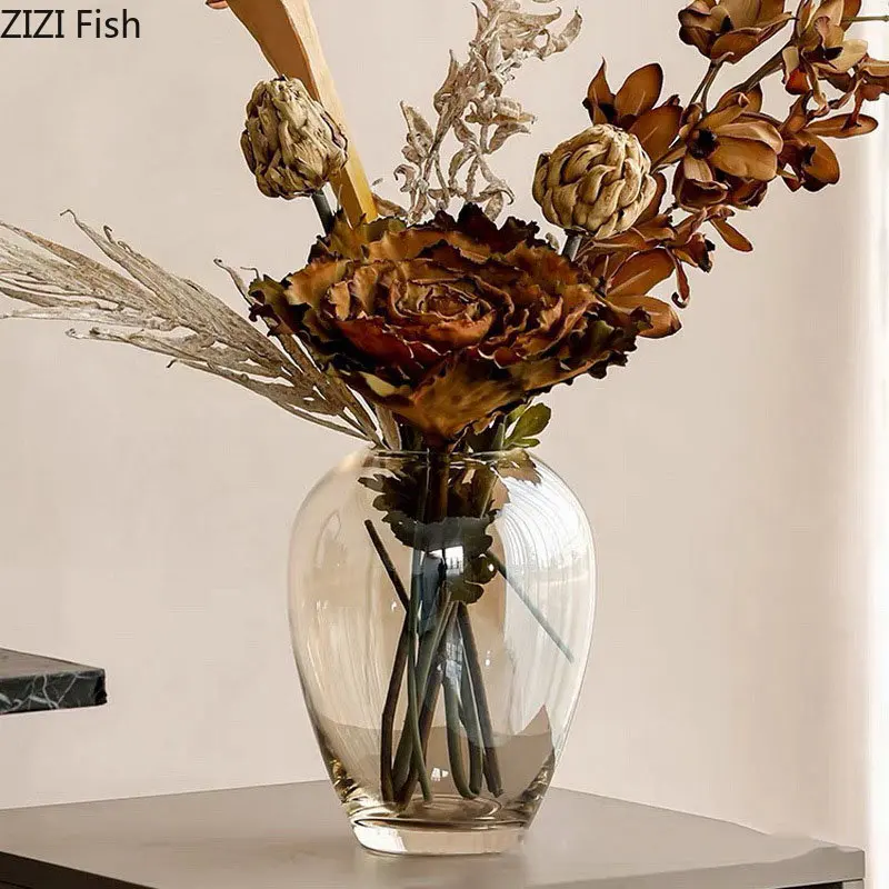 Amber Transparent Glass Vase Flower Pots Decorative Flower Arrangement Desk Decoration Hydroponics Floral Vase Modern Home Decor