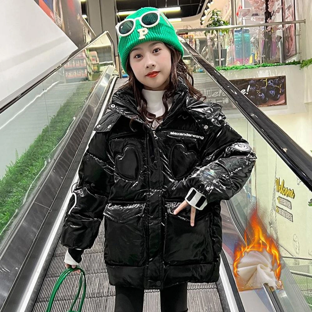 Inverno Moda Solido Piumino Di Cotone Ragazze Lucido Cappotto Con Cappuccio Bambini Capispalla Caldo Adolescente Addensare Parka Snowsuit Coreano