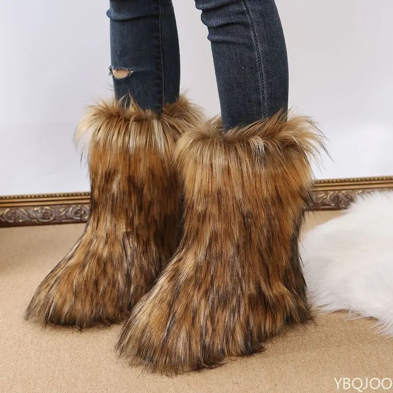 Stivali Da Neve Invernali Da Donna Outdoor Luxury Furry Faux Fox Fur Boots Donna Peluche Warm Platform Shoes New Fashion Bottes Big Size