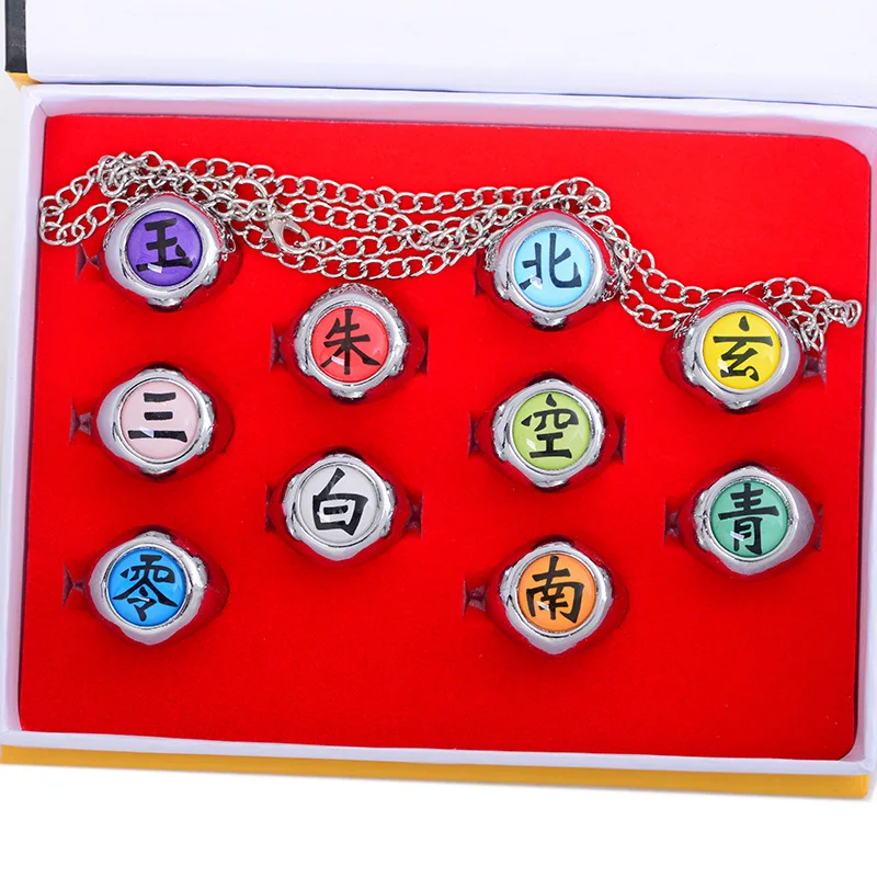 10 Pz/Set Naruto Cartoon Akatsuki Shipuuden Jewerly Cosplay Anelli Costume Set Itachi Fashion Table Akatsuki Metal Figure Gifts