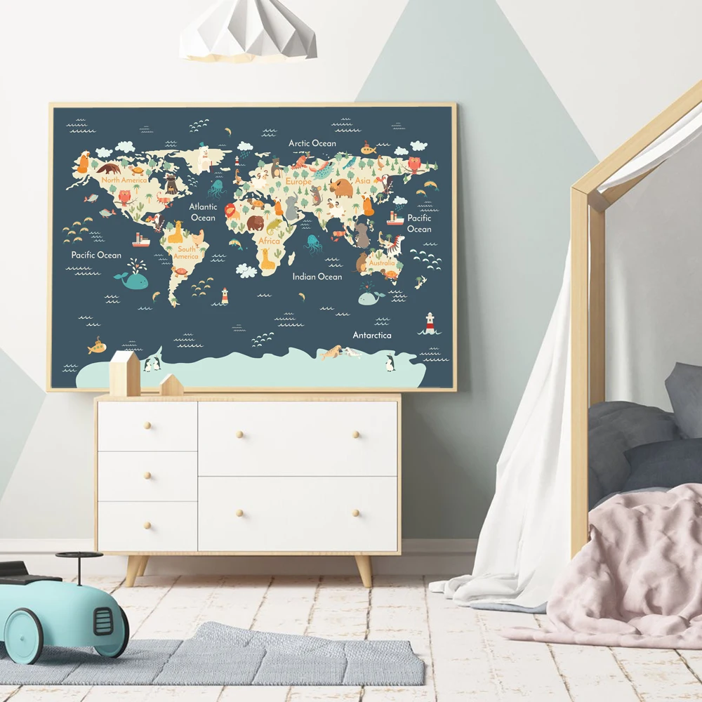 Sea Life Continenti Animal World Map Picture Bambini Poster Nursery Wall Art Canvas Print Painting Baby Kids Bedroom Decoration
