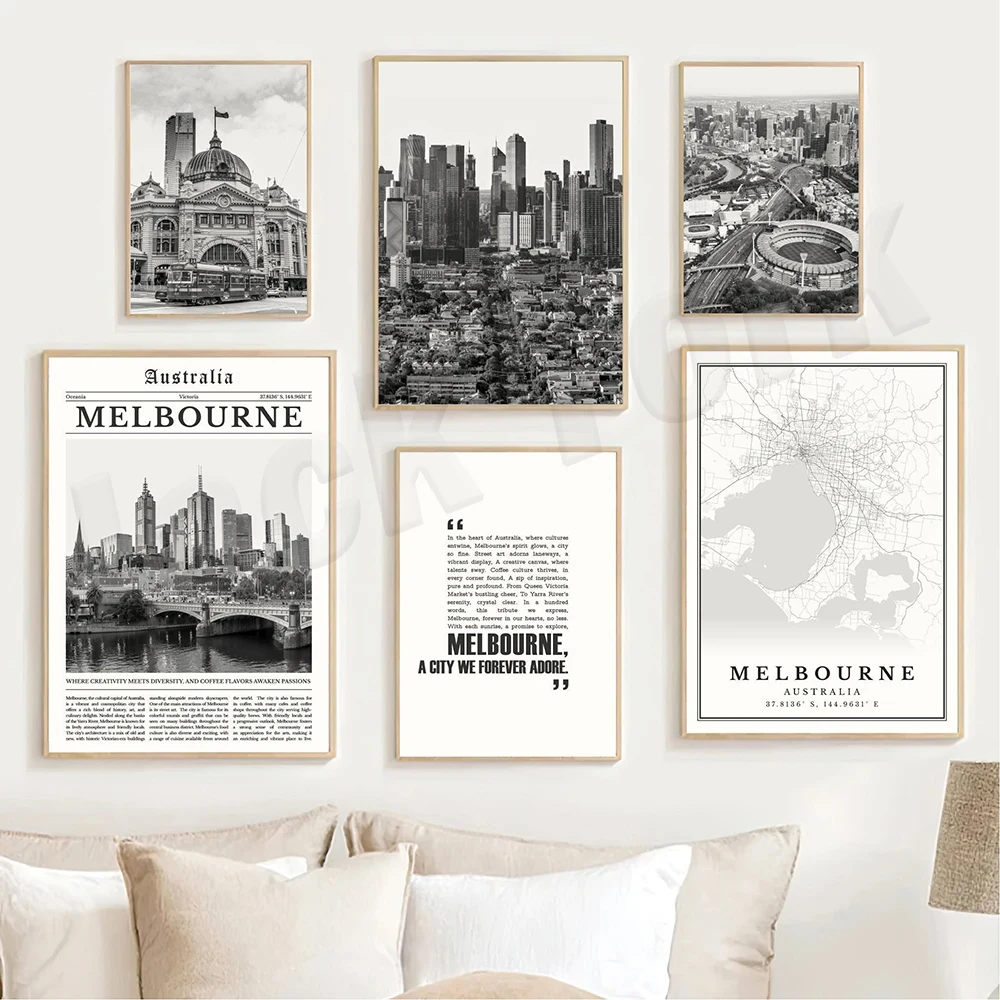 Melbourne Stampa Mappa In Bianco E Nero, Melbourne Skyline, Melbourne Travel Poster, Melbourne Wall Bedroom Living Room Decoratio