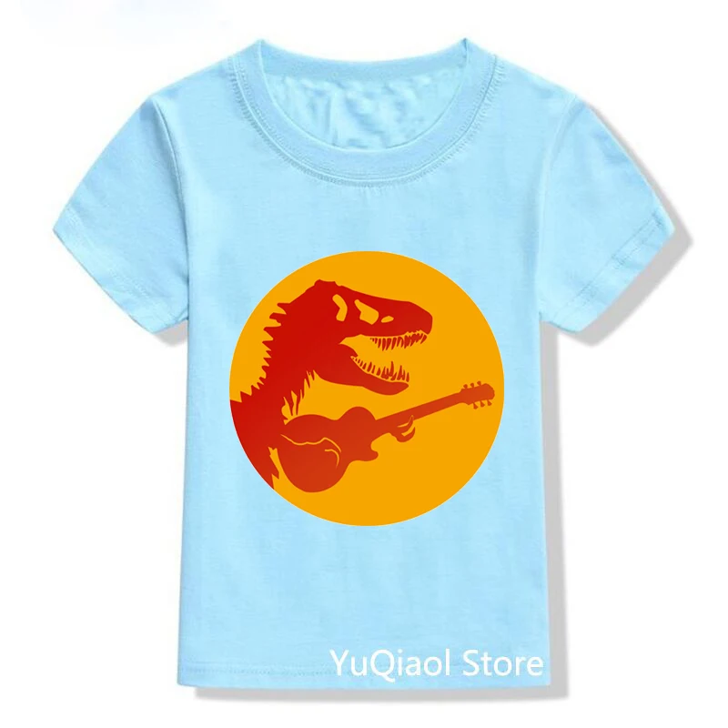Nuovo T-Rex Dinosaur Play Guitar Funny Tshirt Baby Boys Clothes Summer Blue T Shirt Kids Tees Bambini Teen'S Vintage T-Shirt